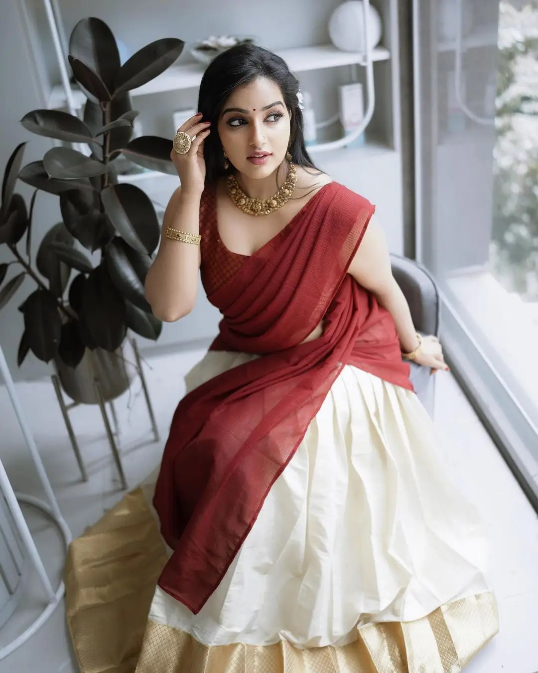 Malavika Menon In South Indian Traditional Red Half Saree Voni Blouse